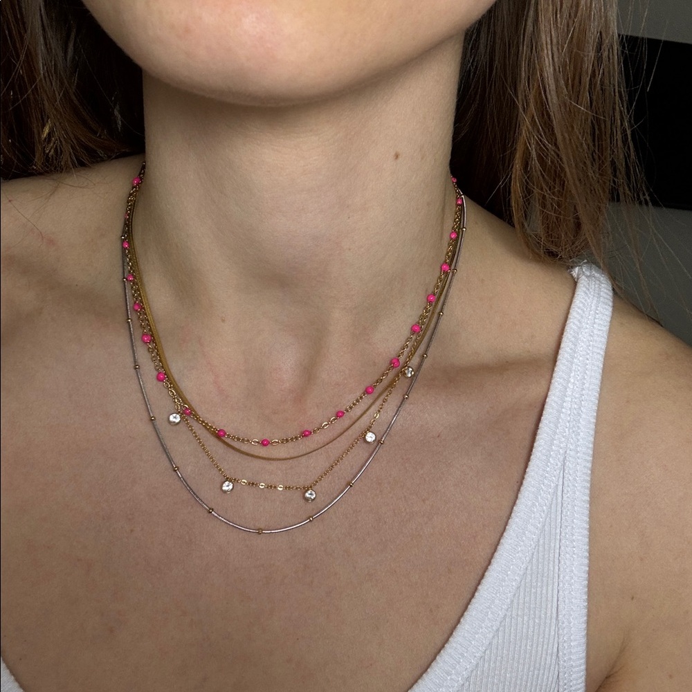 Dainty gold and pink beaded look necklace delicate jeweled chain